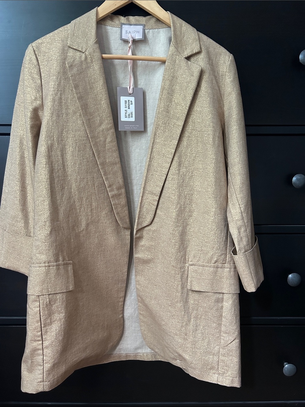 Gold Sparkle Open-Front Linen Blend Blazer Made in Italy